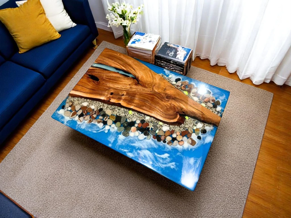 Clear Epoxy Resin Dining Table With Pebbles